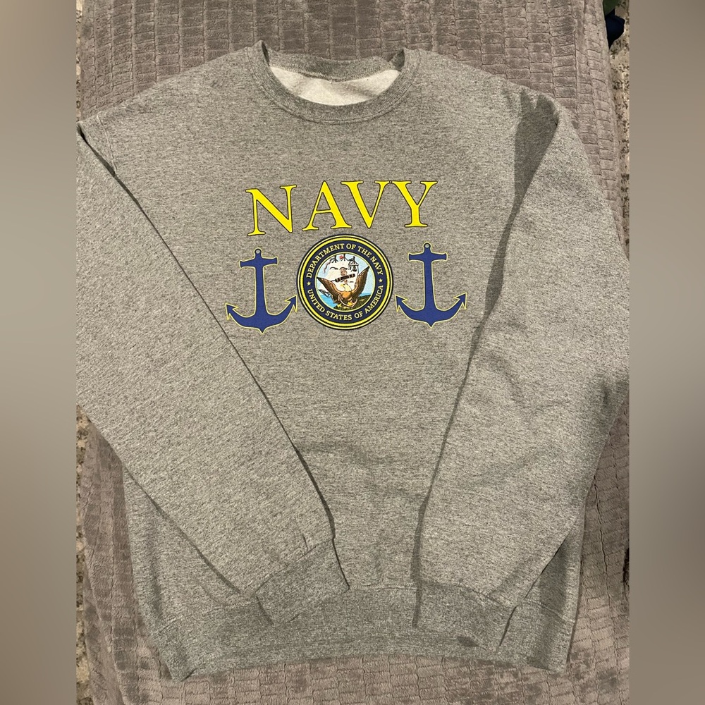 Navy Logo Gray Men's Crewneck Pullover Size Medium